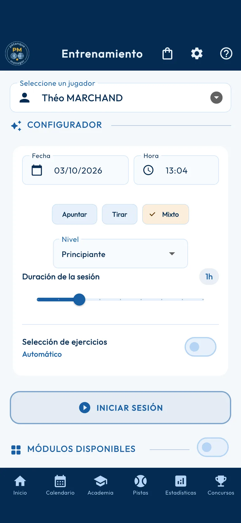 Pantalla Entrenamiento de la aplicación