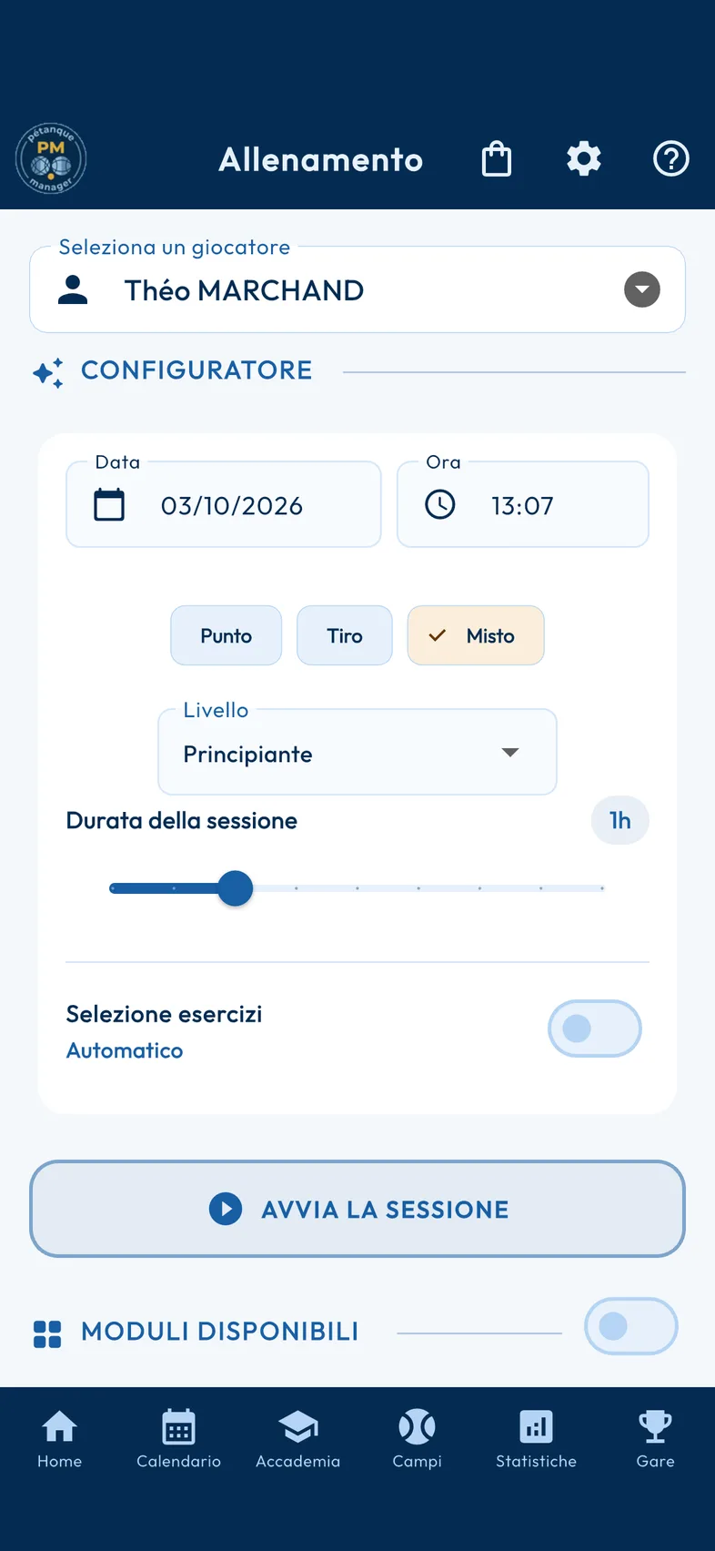 Schermata Allenamento dell'applicazione