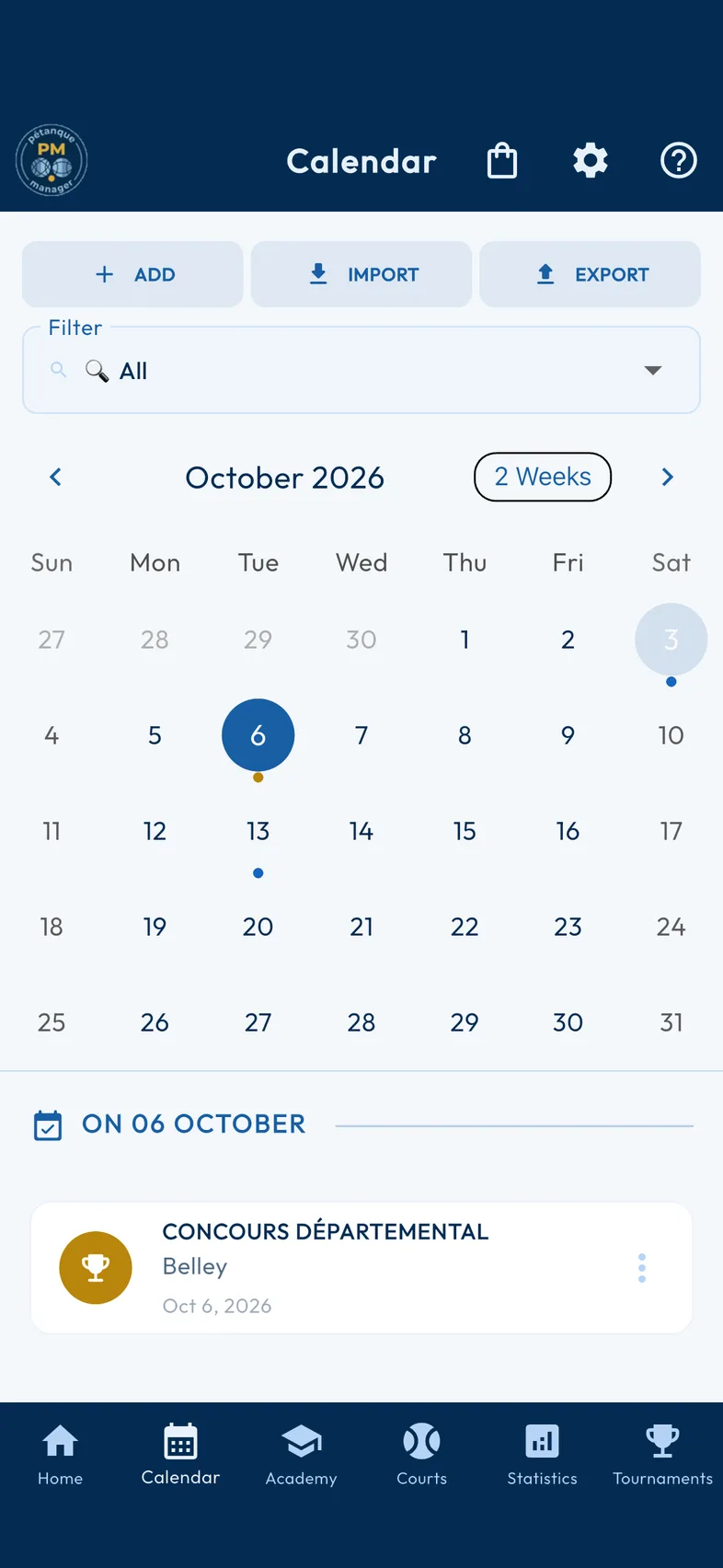Calendar and tournaments