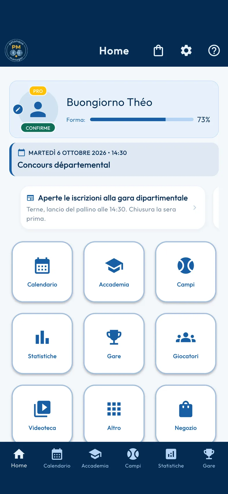 Interfaccia della dashboard di Pétanque Manager